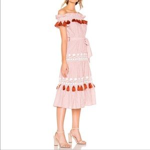 Tularosa Pink Striped Off-Shoulder Midi Dress with Rust Tassels